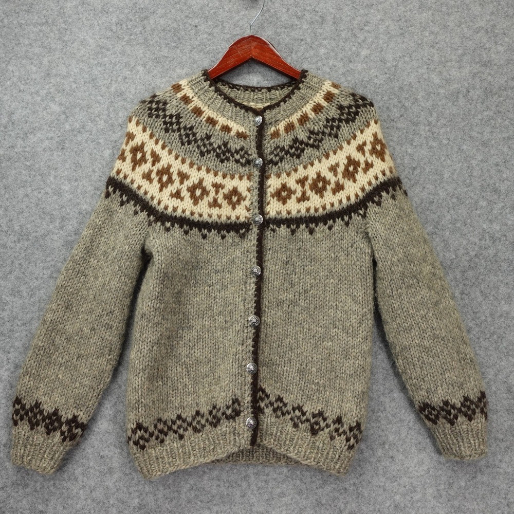 Alpaca Wool Fair Isle Cardigan Women S Gray Grandma Cottagecore Ski Cozy Artisan